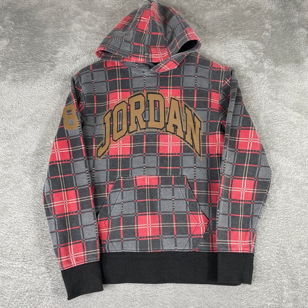 Jordan Hoodie Sweatshirt‎ Boys Medium 10-12Y Red Grey Plaid Pullover